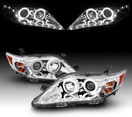 Toyota Camry XV40 рестайл (2010-2011) фары передние линзовые хромированные, с светодиодной подсветкой ДХО