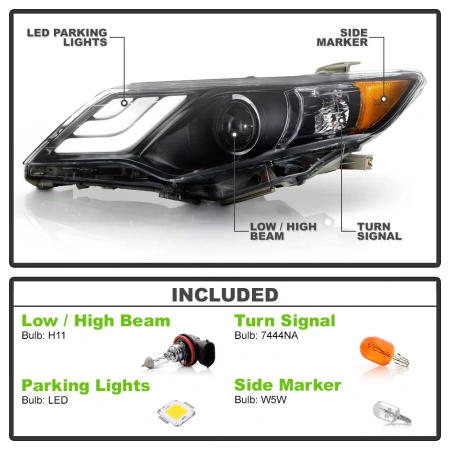 Toyota Camry XV50 дорестайл (2012-2014) передние тюнинговые черные линзовые фары со светодиодной подсветкой в стиле Volkswagen