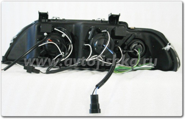 BMW 5 E39 фары передние, линзовые, с желтым поворотником, черные, комплект 2 шт.