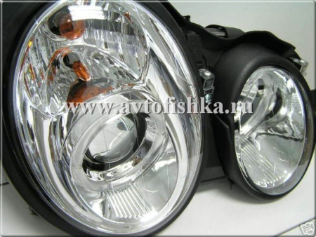 Mercedes CLK W208 (98-02) фары передние линзованные хромированные, со светящимися ободками, комплект 2 шт.