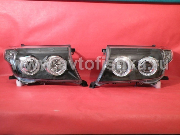 Toyota Land Cruiser 200 (08-) фары передние линзовые черные, со светящимися ободками, комплект 2 шт.