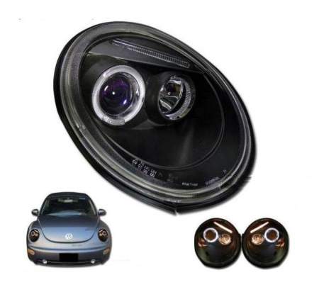 Volkswagen New Beetle (98-05) фары передние черные со светящимися ободками, комплект 2 шт.
