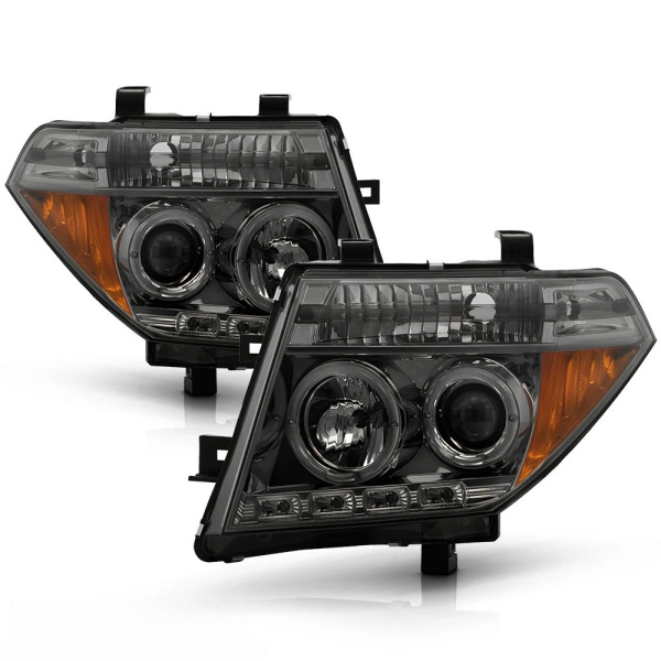 Nissan Pathfinder III, Navara (2005-2010) передние фары линзовые хром, с ДХО и ангельскими глазками