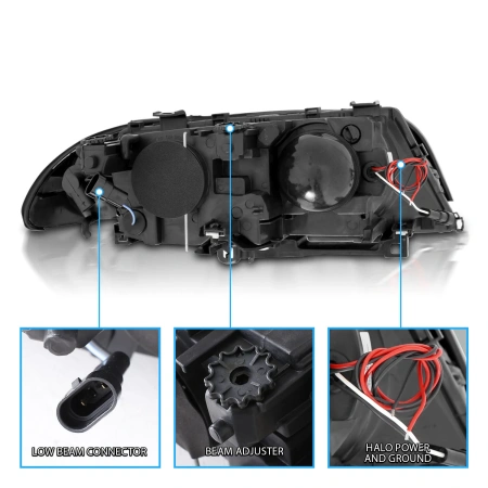 BMW 3 E46 (1998-2001) 4 дв. фары передние линзовые черные, со светящимися ободками, с поворотниками