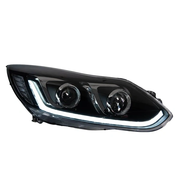 Ford Focus 3 (11-13) передние фары черные линзовые с DRL диодной подсветкой, 2 шт.