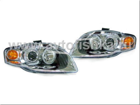 Audi A4 (05-07) фары передние линзовые хромированные, со светящимися ободками, под электрокорректор, комплект 2 шт.