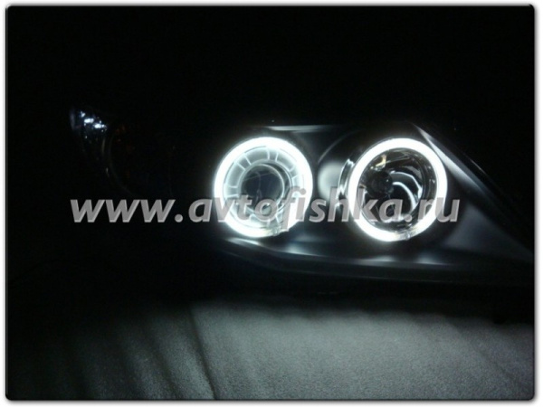Toyota Corolla (2006-2010) фары передние линзовые черные со светящимися ободками с подсветкой DRL, комплект 2 шт.
