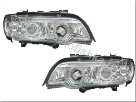 BMW X5 (98-03) фары передние линзовые хромированные, со светящимися ободками, с белыми поворотниками, комплект 2 шт.