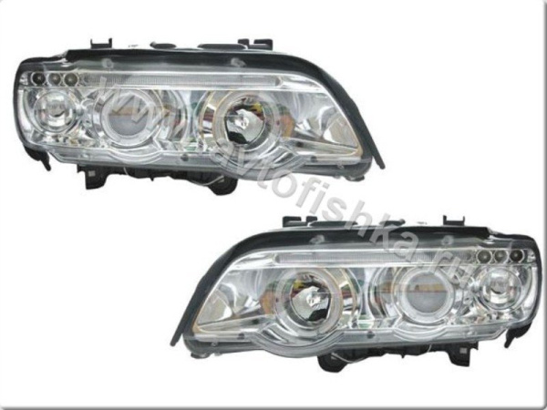 BMW X5 (98-03) фары передние линзовые хромированные, со светящимися ободками, с белыми поворотниками, комплект 2 шт.