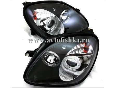 Mercedes SLK R170 (98-04) фары передние линзовые черные, со светящимися ободками, комплект 2 шт.