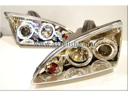 Ford Focus 2 (05-07) фары линзовые передние хромированные, со светящимися ободками, комплект 2 шт.