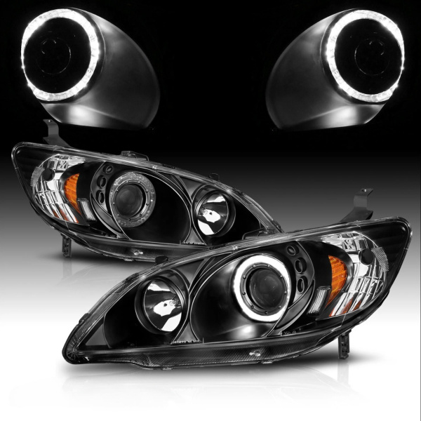 Honda Civic, Ferio (2003-2005) передние фары линзованные черные с ангельскими глазками
