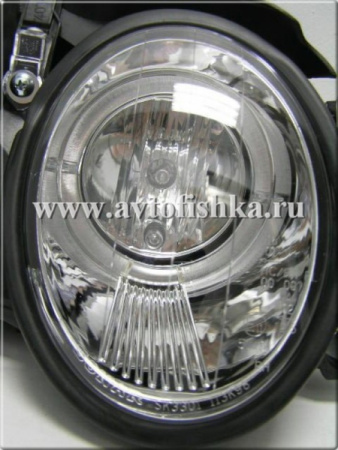 Mercedes CLK W208 (98-02) фары передние линзованные хромированные, со светящимися ободками, комплект 2 шт.