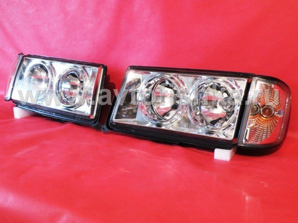 Mercedes W201 190E 190D (82-93) фары передние прожекторные хромированные с указателем поворотов, комплект 2 шт.