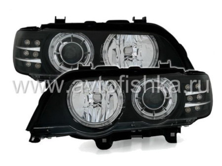 BMW X5 (98-03) фары передние линзовые черные, со светящимися ободками, с моторами электрокорректора, комплект 2 шт.