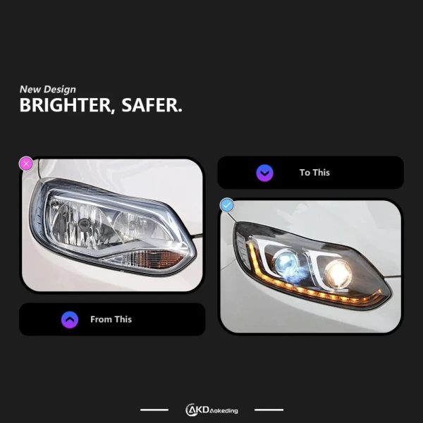 Ford Focus 3 (11-13) передние фары черные линзовые с DRL диодной подсветкой, 2 шт.