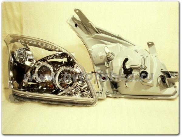 Toyota Land Cruiser Prado 120 (02-09) фары передние линзованные хромированные со светящимися ободками и светодиодной подсветкой, комплект 2 шт.