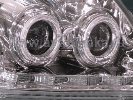 Toyota Land Cruiser Prado 120 (2002-2009) фары передние линзовые хромированные со светящимися ободками и светодиодной подсветкой под корректор, комплект 2 шт.