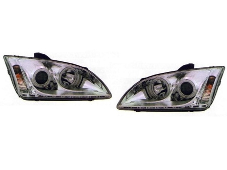 Ford Focus 2 (05-07) передние фары линзовые с нижней светодиодной подсветкой, хромированные, комплект 2 шт.