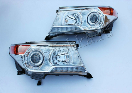 Toyota Land Cruiser 200 (08-15) фары передние линзовые хромированные, с светодиодной подсветкой, BROWNSTONE