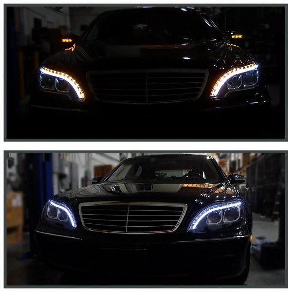 Mercedes S W220 (98-05) фары передние линзовые черные, с подсветкой DRL