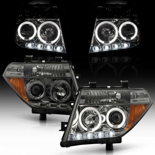 Nissan Pathfinder III, Navara (2005-2010) передние фары линзовые хром, с ДХО и ангельскими глазками