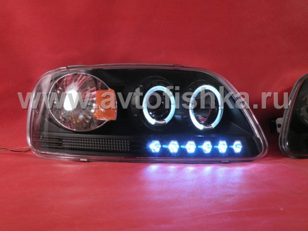 Ford F150, Expedition (96-03) фары передние линзовые черные, со светящимися ободками и светодиодной подсветкой, комплект 2 шт.