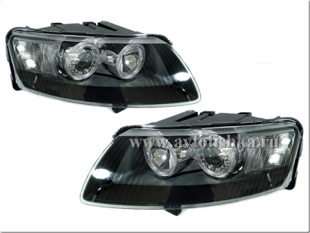 Audi A6 (05-08) 4F, C6 фары передние линзовые черные, со светящимися ободками, под корректор, комплект 2 шт.