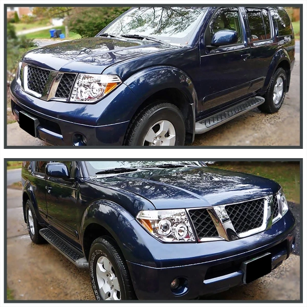 Nissan Pathfinder III, Navara (05-10) фары передние линзовые хромированные, со светящимися ободками, комплект 2 шт.