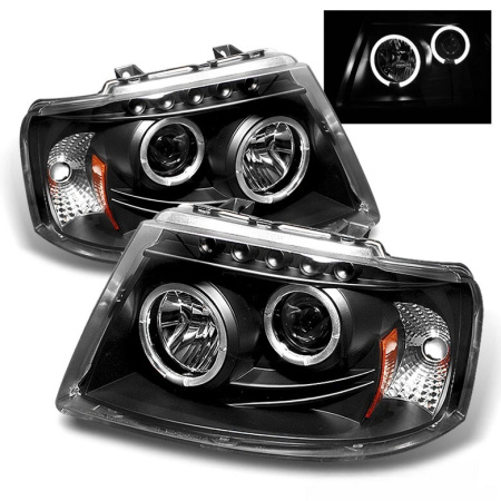 Ford Expedition (2003-2006) фары передние линзовые черные со светящимися ободками, со светодиодной подсветкой