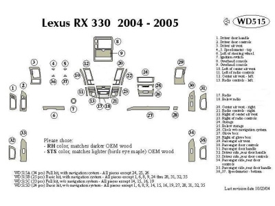 Lexus RX300, RX330 (03-06) накладки панелей салона, дизайн под дерево, (без навигации), комплект 33 предмета
