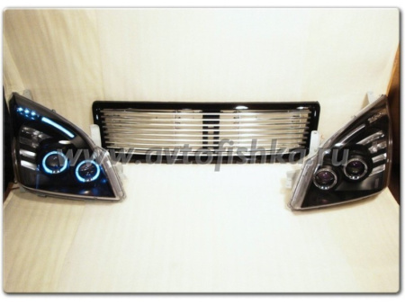Toyota Land Cruiser Prado 120 (2002-2009) фары передние линзовые черные, со светящимися ободками и светодиодами, с двумя линзами, комплект 2 шт.