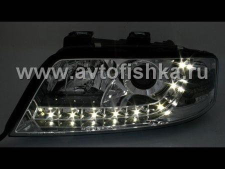 Audi A6 (01-03) фары передние линзовые хромированные, со светодиодной подсветкой, комплект 2 шт.