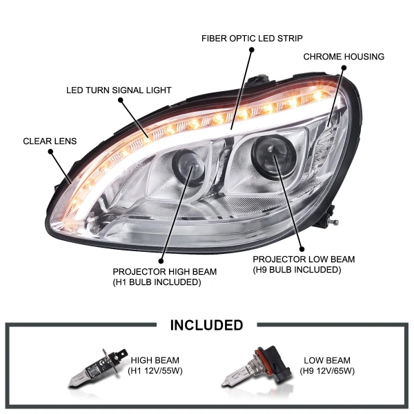 Mercedes S W220 (98-05) фары передние линзовые хромированные, с подсветкой DRL