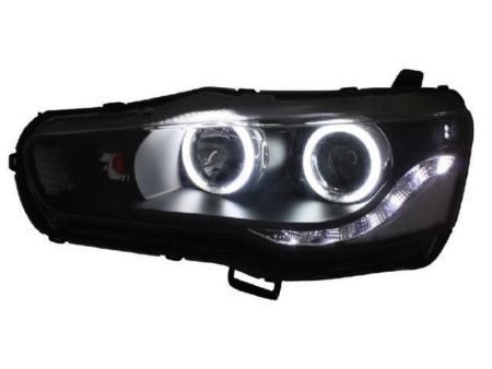 Mitsubishi Lancer (07-) фары линзовые передние черные, со светящимся ободком, в комплекте 2 шт.