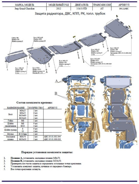 Jeep Grand Cherokee (11–/13–) Защита днища + АКПП, из 5 частей, алюминий (V-3,6,3,0TD)