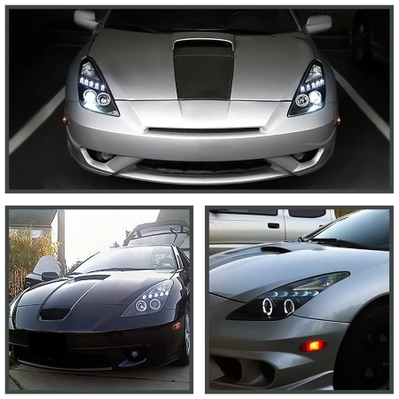Toyota Celica 2000-2005 фары передние линзовые черные, со светящимися ободками LED