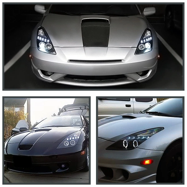 Toyota Celica 2000-2005 фары передние линзовые черные, со светящимися ободками LED