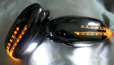 Mercedes W219, W221 (05-09) корпуса боковых зеркал полностью черные (197), с поворотниками "СТРЕЛА" и подсветкой Welcome, комплект 2 шт.