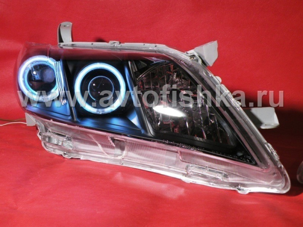 Toyota Camry V40 (2006-2009) фары передние линзовые черные, со светящимися ободками, комплект 2 шт.