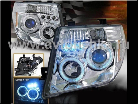 Nissan Pathfinder III, Navara (05-10) фары передние линзовые хромированные, со светящимися ободками, комплект 2 шт.