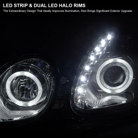 Lexus GS300, GS400, GS430, Toyota Aristo (97-05) фары передние линзовые хромированные со светящимися ободками и DRL подсветкой, комплект 2 шт.