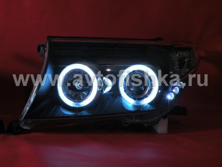 Toyota Land Cruiser 200 (08-) фары передние линзовые черные, со светящимися ободками, комплект 2 шт.