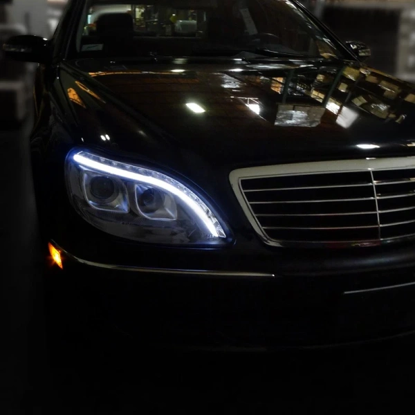 Mercedes S W220 (98-05) фары передние линзовые хромированные, с подсветкой DRL