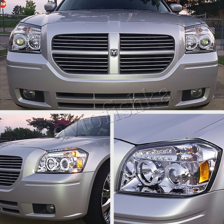 Dodge Magnum (05-08) фары передние линзовые хромированные, со светящимися ободками и светодиодной подсветкой, комплект 2 шт.