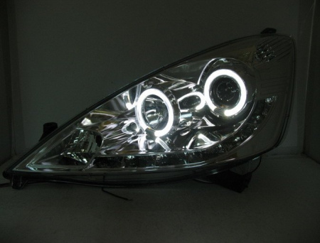 Honda Fit, Jazz (07-) GE, фары передние линзовые хромированные, со светящимися ободками и светодиодной подсветкой, комплект 2 шт.