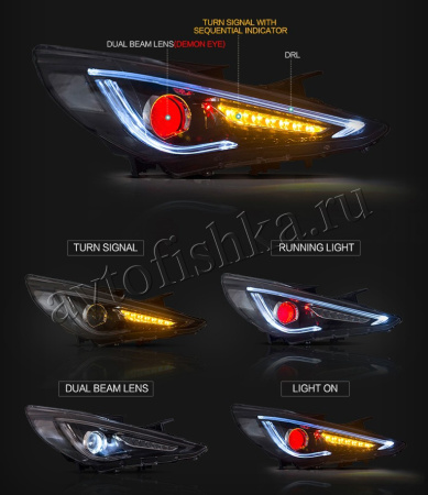 Hyundai Sonata (10-14) линзовые передние черные фары, тюнинг, комплект 2 шт.