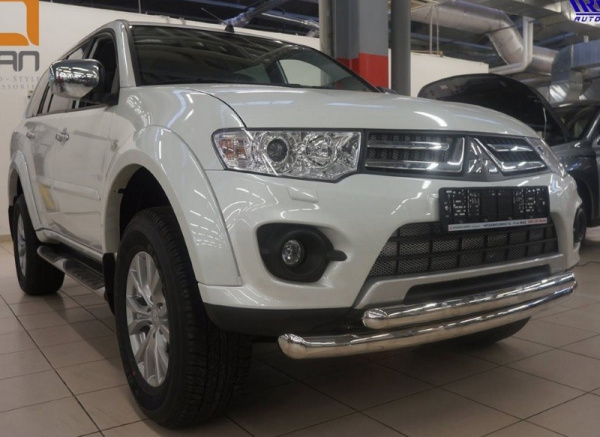 Mitsubishi Pajero Sport (08–15) Защита переднего бампера двойная d 76/60 мм, нерж.