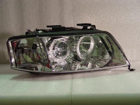 Audi A6 Allroad (01-05) передние фары линзовые хромированные, со светящимися ободками, под корректор, комплект 2 шт.