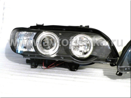 BMW X5 (98-03) фары передние линзовые черные, со светящимися ободками, с электрокорректором, комплект 2 шт.